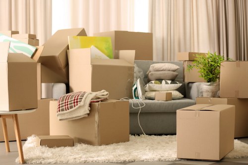 Office furniture and equipment being prepared for a business move