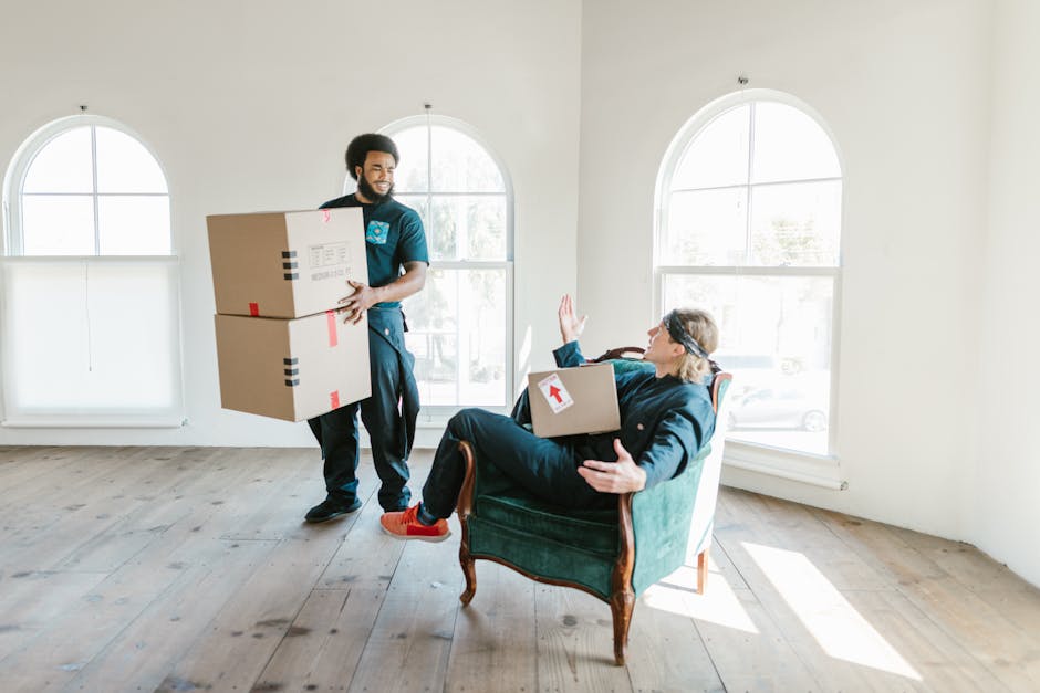 Two professional movers from Man With a Van Colliers Wood are inside a bright, spacious room with white walls and large arched windows, preparing for a home relocation. One mover, with curly hair and